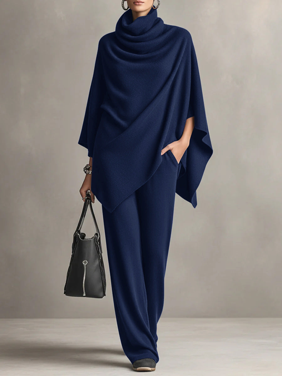 Womens two piece set in Navy, draped cowl neck poncho top with wide leg pants