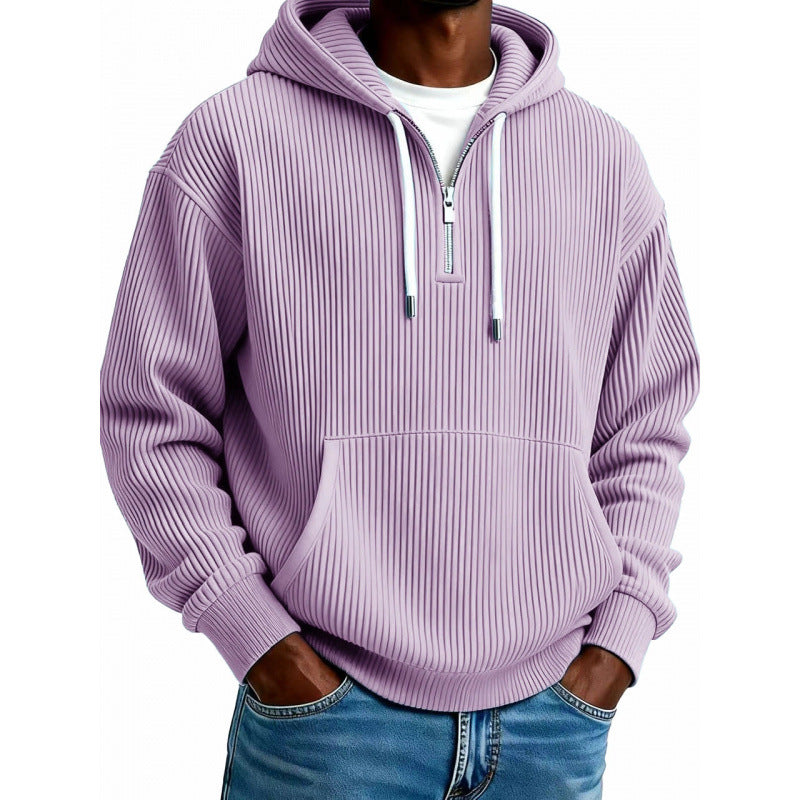 Mens quarter zip hoodie in Purple, front view worn with jeans