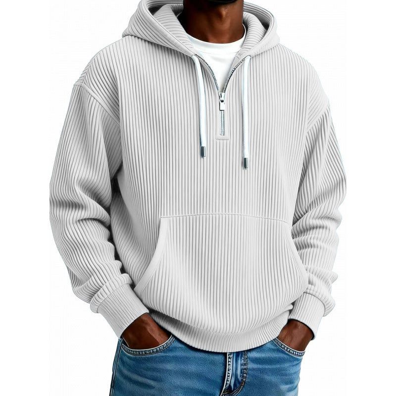 Mens quarter zip hoodie in White, front view worn with jeans