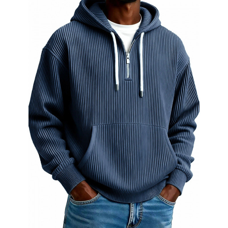 Mens quarter zip hoodie in Navy, front view worn with jeans