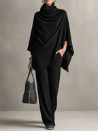 Womens two piece set in Black, draped cowl neck poncho top with wide leg pants
