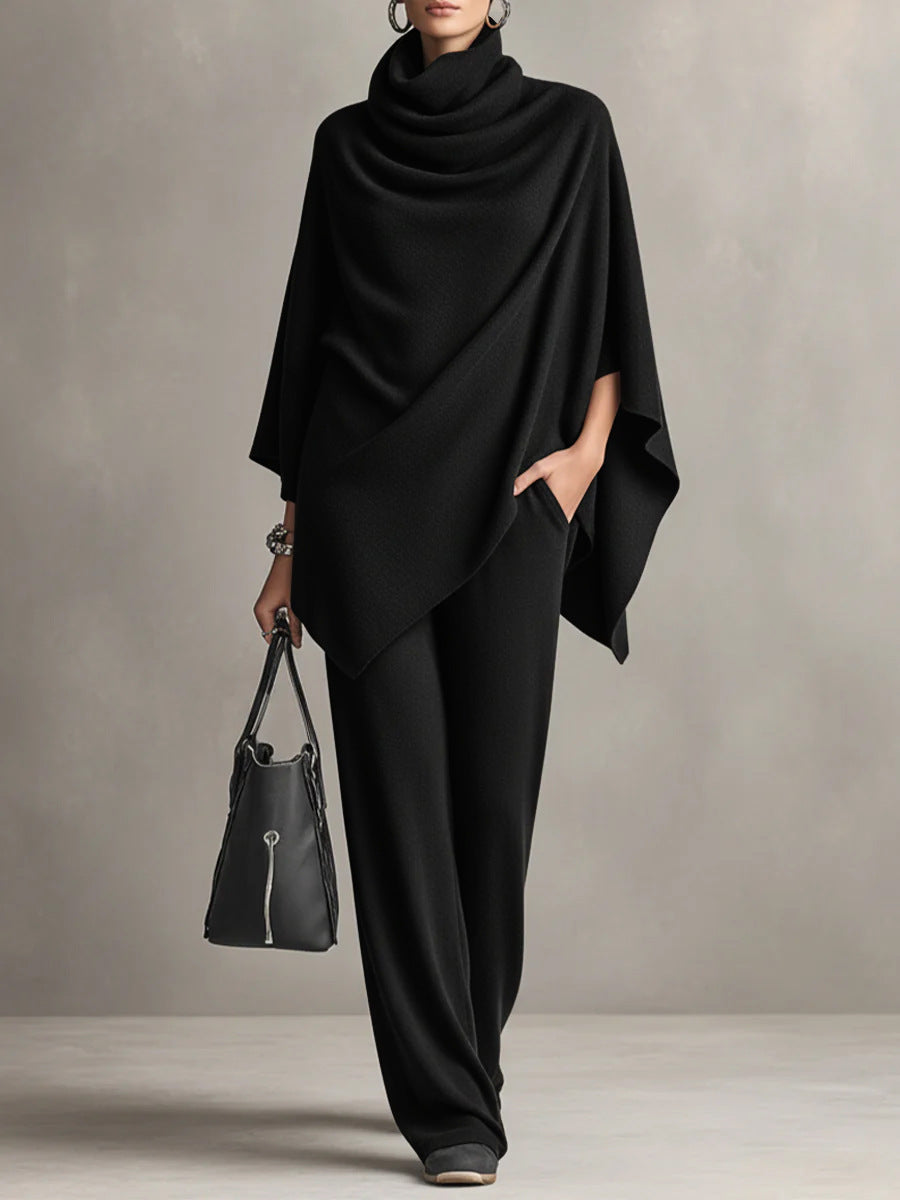 Womens two piece set in Black, draped cowl neck poncho top with wide leg pants