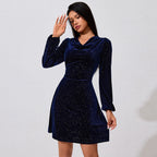 Womens cowl neck dress in Navy, glitter velvet mini, front view