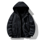 Mens sherpa lined jacket in Black, front view, open