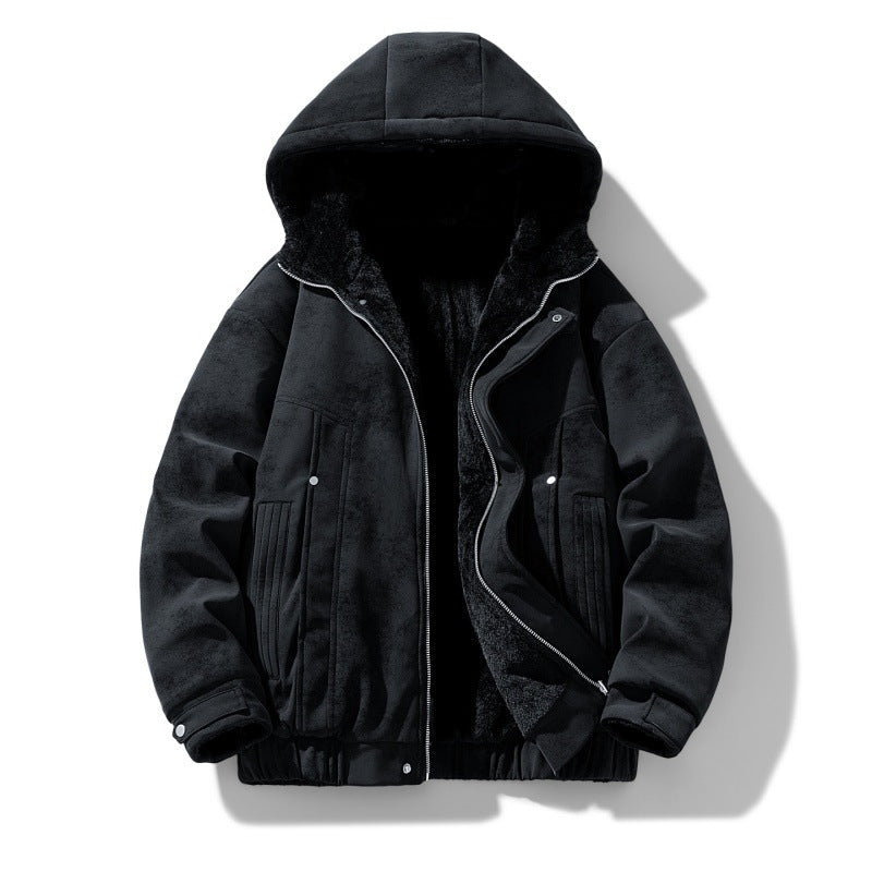 Mens sherpa lined jacket in Black, front view, open