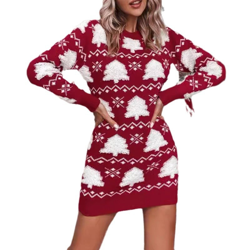 Womens Christmas sweater dress in Red, front view