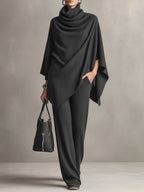 Womens two piece set in Gray, draped cowl neck poncho top with wide leg pants