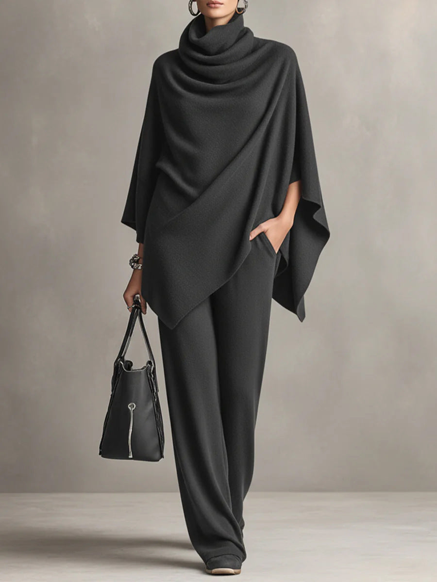 Womens two piece set in Gray, draped cowl neck poncho top with wide leg pants