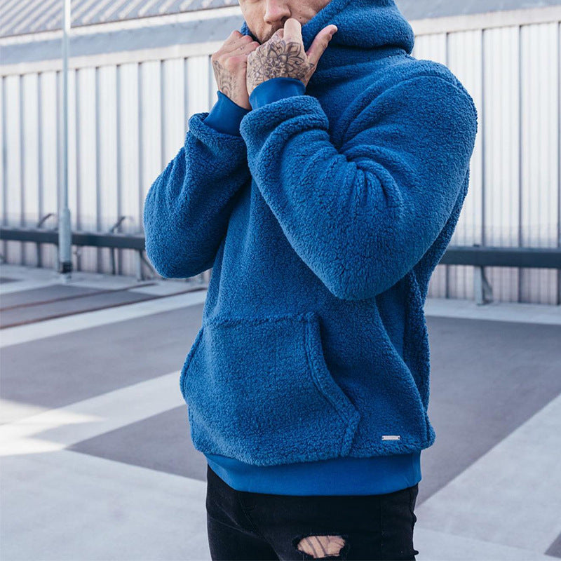 Mens sherpa hoodie in Blue, worn outdoors