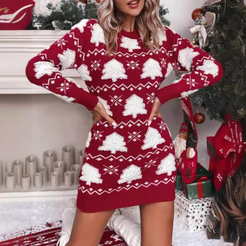 Womens Christmas sweater dress in Red, tree pattern knit, front view