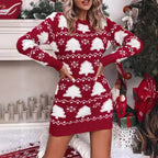 Womens Christmas sweater dress in Red, tree pattern knit, front view