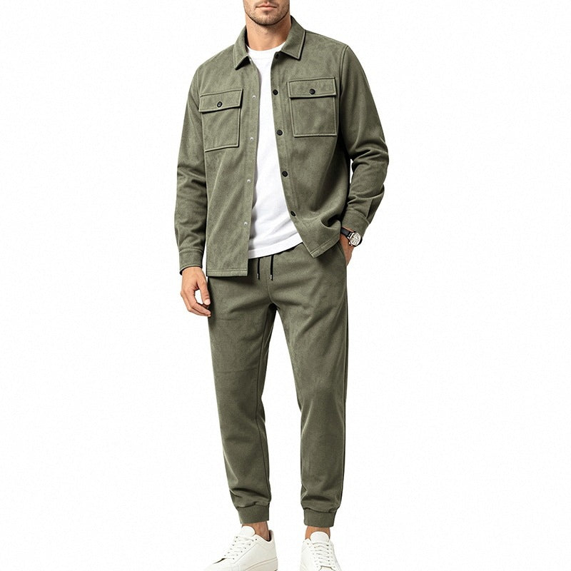Olive overshirt Two Piece Set for Men