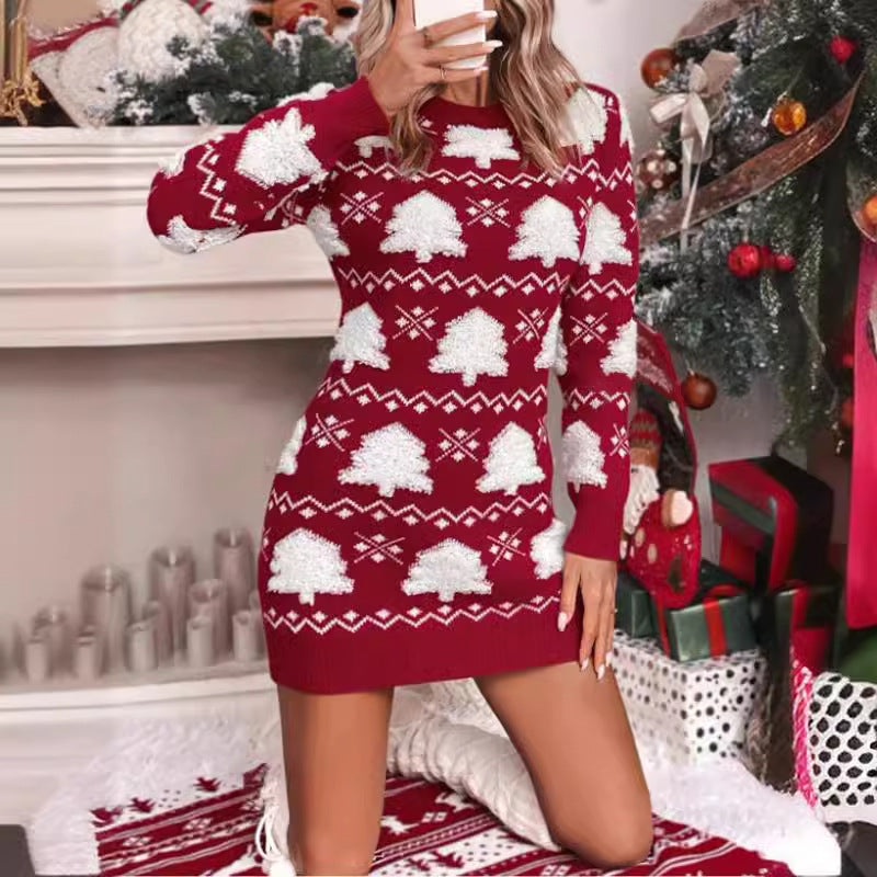 Womens Christmas sweater dress in Red, front view with long sleeves
