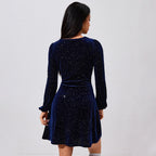 Womens cowl neck dress in Navy, back view