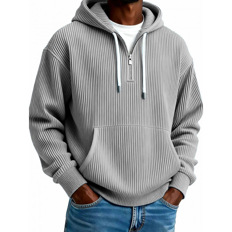 Mens quarter zip hoodie in Gray, front view worn with jeans
