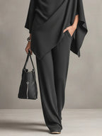 Womens two piece set in Gray, draped cowl neck poncho top with wide leg pants