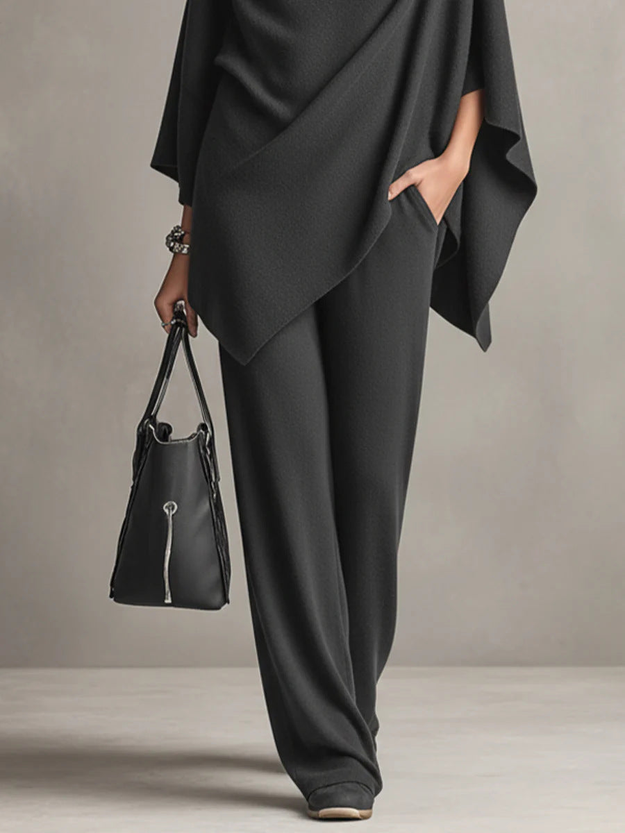 Womens two piece set in Gray, draped cowl neck poncho top with wide leg pants