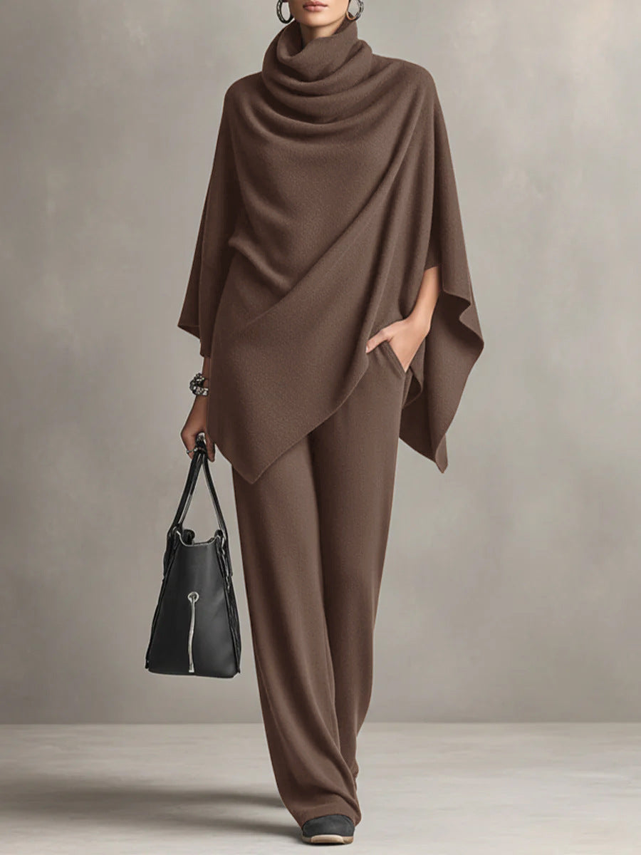 Womens two piece set in Brown, draped cowl neck poncho top with wide leg pants