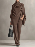 Womens two piece set in Brown, draped cowl neck poncho top with wide leg pants
