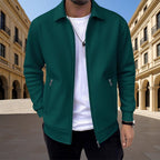 Mens zip up jacket in Green textured knit with zip pockets, worn outdoors