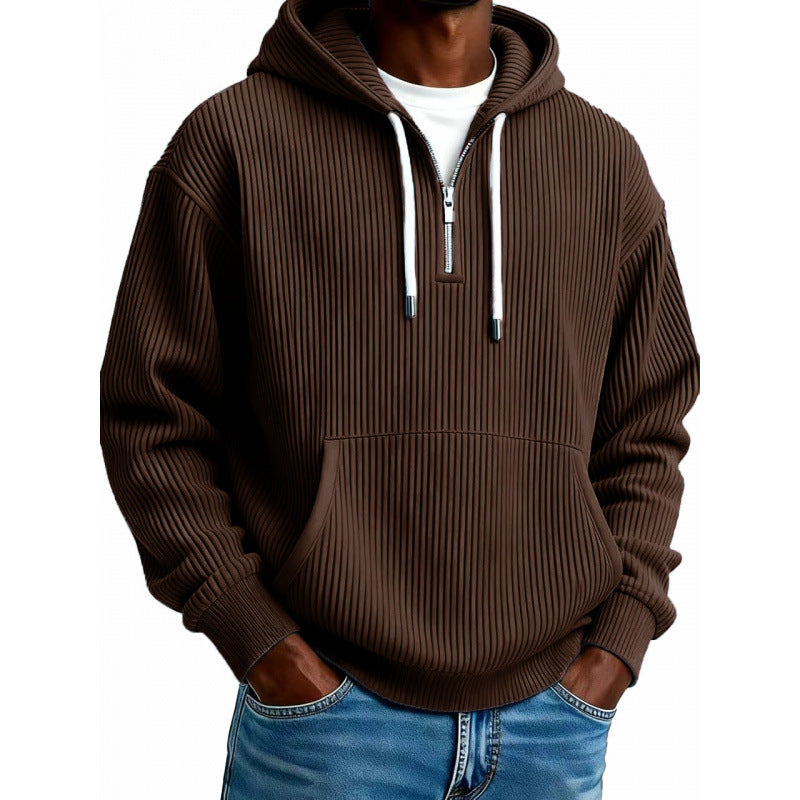 Mens quarter zip hoodie in Brown, front view worn with jeans