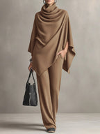 Womens two piece set in Khaki, draped cowl neck poncho top with wide leg pants