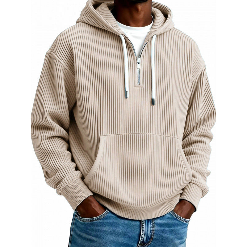 Mens quarter zip hoodie in Khaki, front view worn with jeans