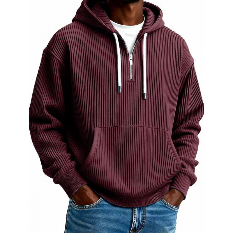 Mens quarter zip hoodie in Burgundy, front view worn with jeans