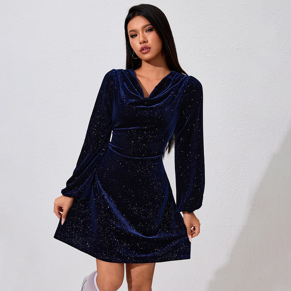 Womens cowl neck dress in Navy, front view, skirt in motion