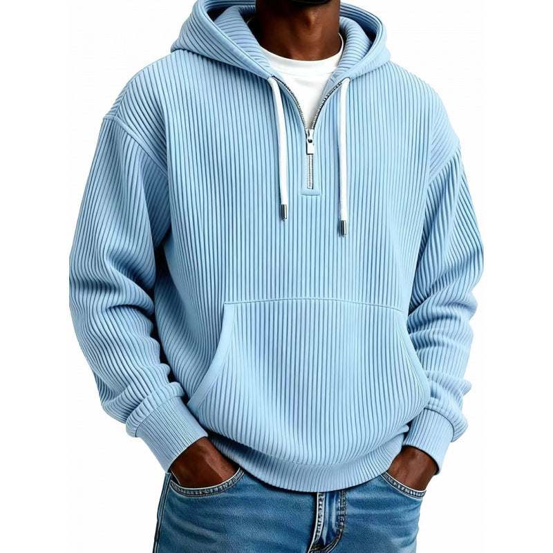 Mens quarter zip hoodie in Light Blue, front view worn with jeans