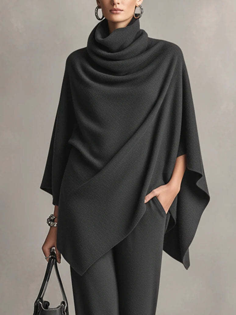 Womens two piece set in Gray, draped cowl neck poncho top with wide leg pants