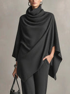 Womens two piece set in Gray, draped cowl neck poncho top with wide leg pants