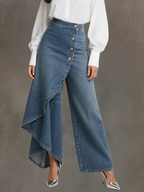 Womens wide leg jeans in Blue, front view with offset buttons and cascade panel
