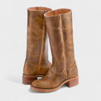 Womens riding boots in Camel with stitched seams and stacked heel