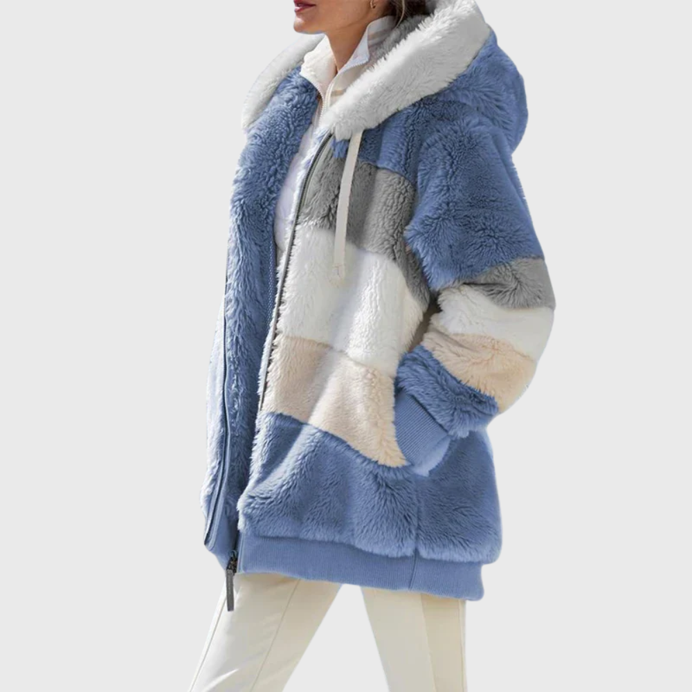 Womens sherpa jacket in Blue Stripes, plush hood and full zip, side view