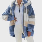 Womens sherpa jacket in Blue Stripes, plush hood and full zip, side view