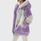 Womens sherpa jacket in Purple Stripes, plush hood and full zip, side view