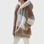 Womens sherpa jacket in Brown Stripes, plush hood and full zip, side view