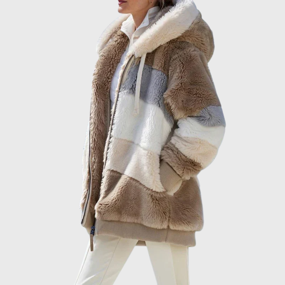 Womens sherpa jacket in Brown Stripes, plush hood and full zip, side view