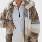 Womens sherpa jacket in Brown Stripes, plush hood and full zip, side view