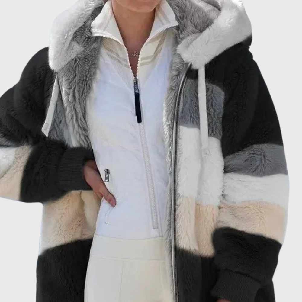 Womens sherpa jacket in Black Stripes, plush hood and full zip, side view