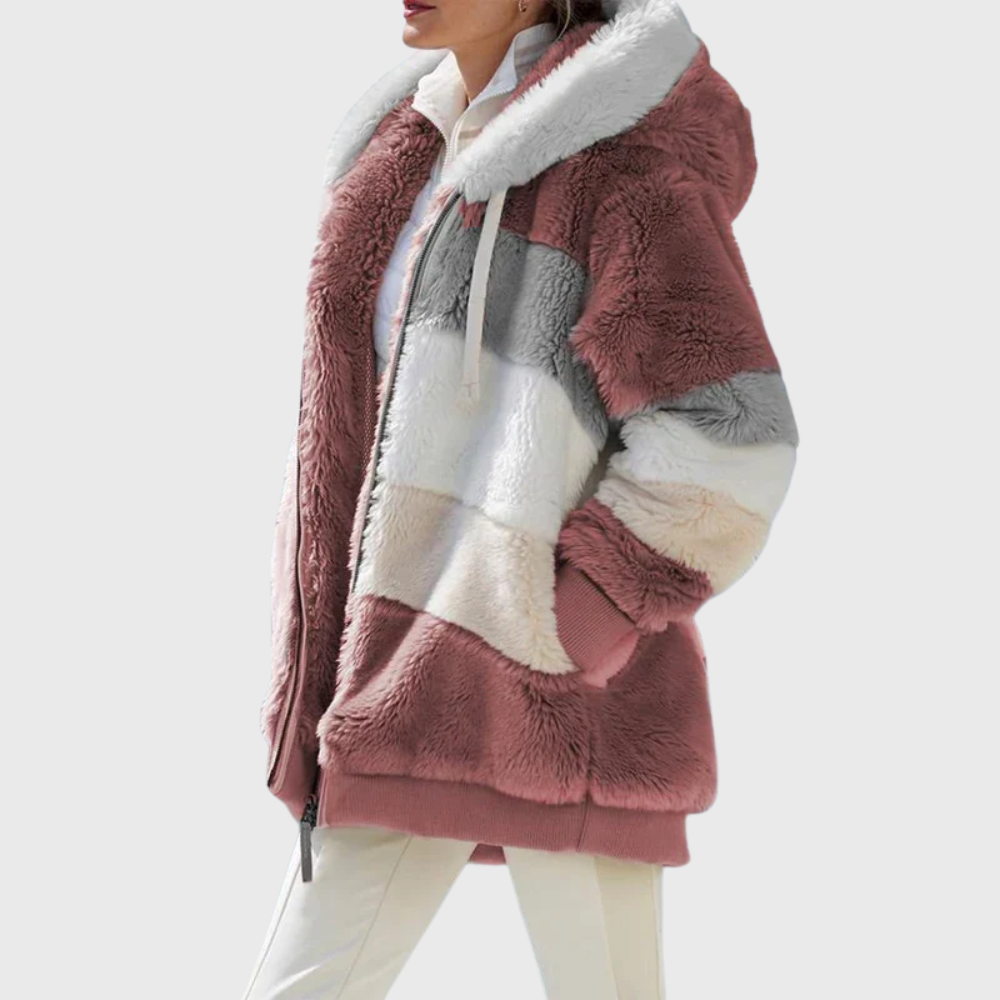 Womens sherpa jacket in Red Stripes, plush hood and full zip, side view