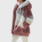 Womens sherpa jacket in Red Stripes, plush hood and full zip, side view