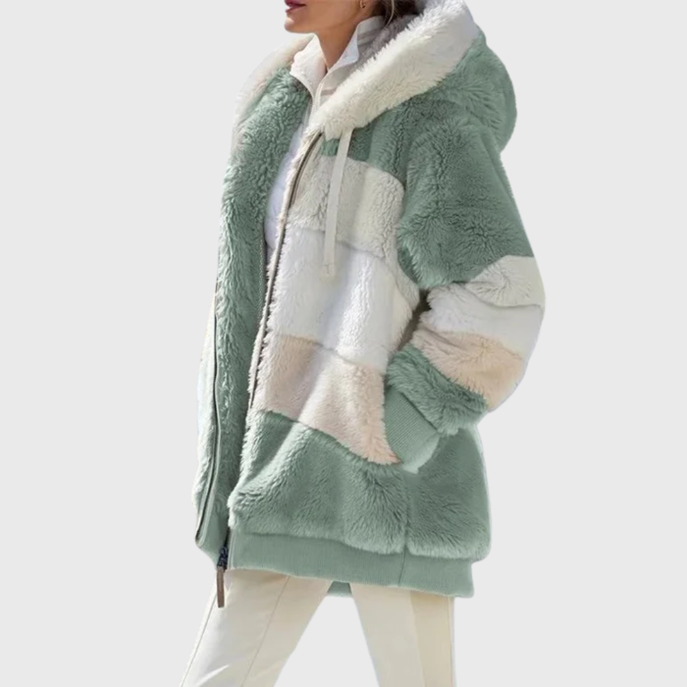 Womens sherpa jacket in Green Stripes, plush hood and full zip, side view