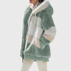 Womens sherpa jacket in Green Stripes, plush hood and full zip, side view