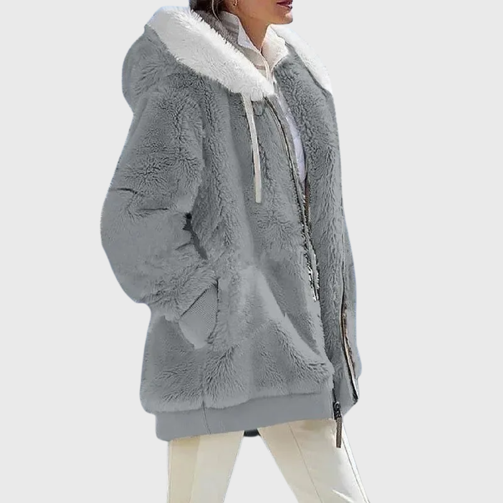 Womens sherpa jacket in Gray, plush hood and full zip, side view