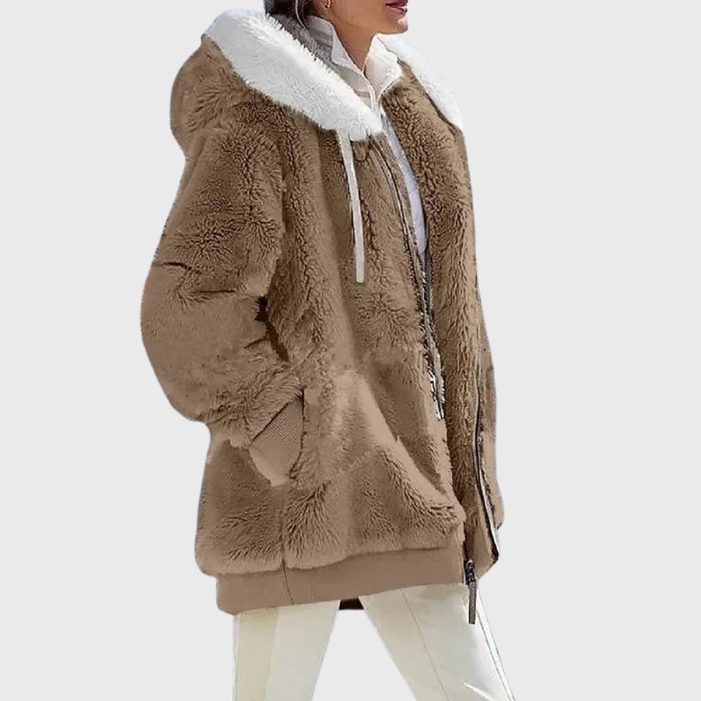 Womens sherpa jacket in Brown, plush hood and full zip, side view