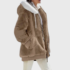 Womens sherpa jacket in Brown, plush hood and full zip, side view