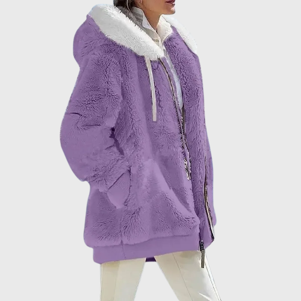 Womens sherpa jacket in Purple, plush hood and full zip, side view