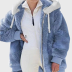 Womens sherpa jacket in Blue, plush hood and full zip, side view